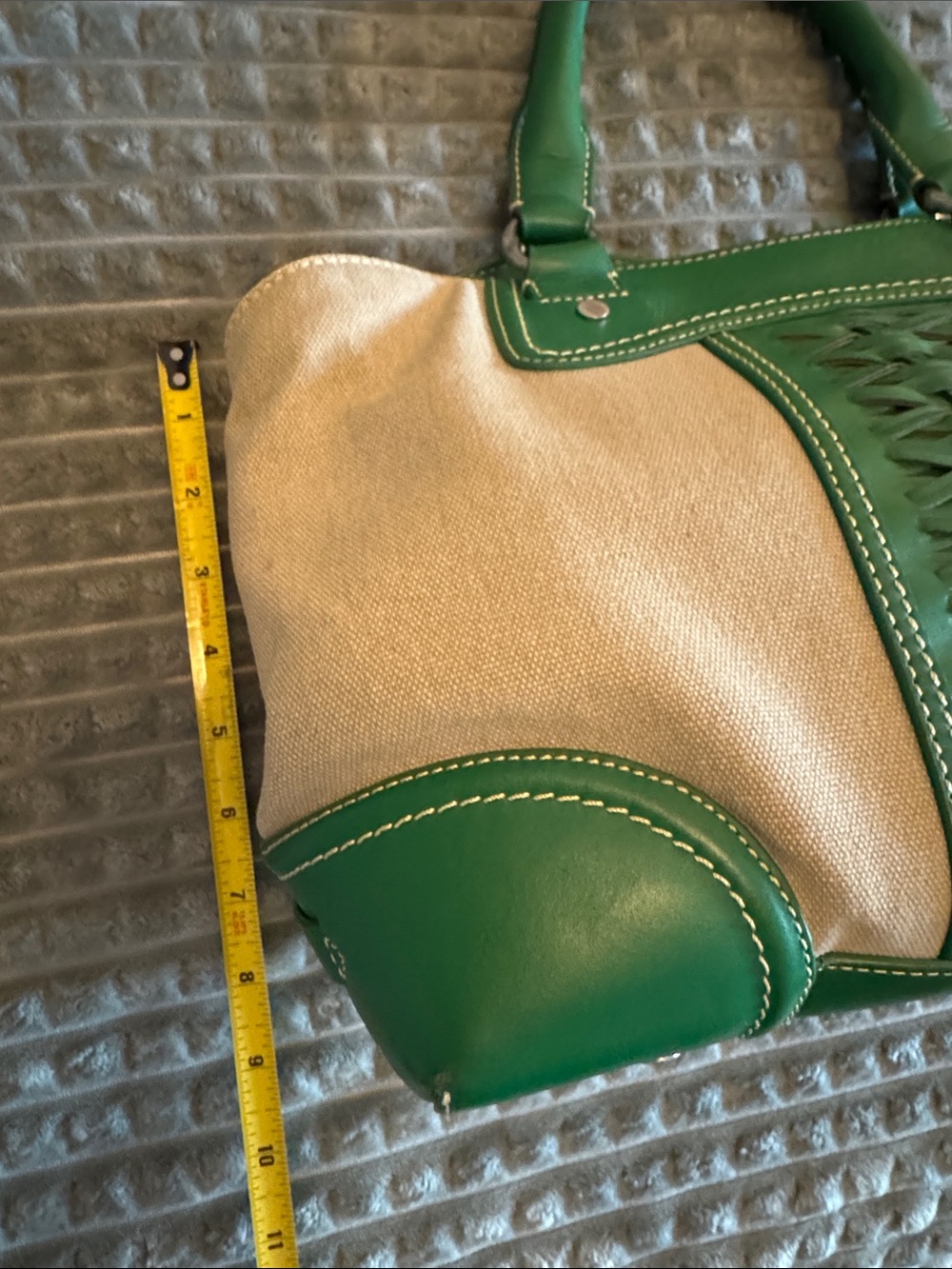 Cole Haan Beige Canvas Tote with Green Leather Trim - Picture 6 of 13